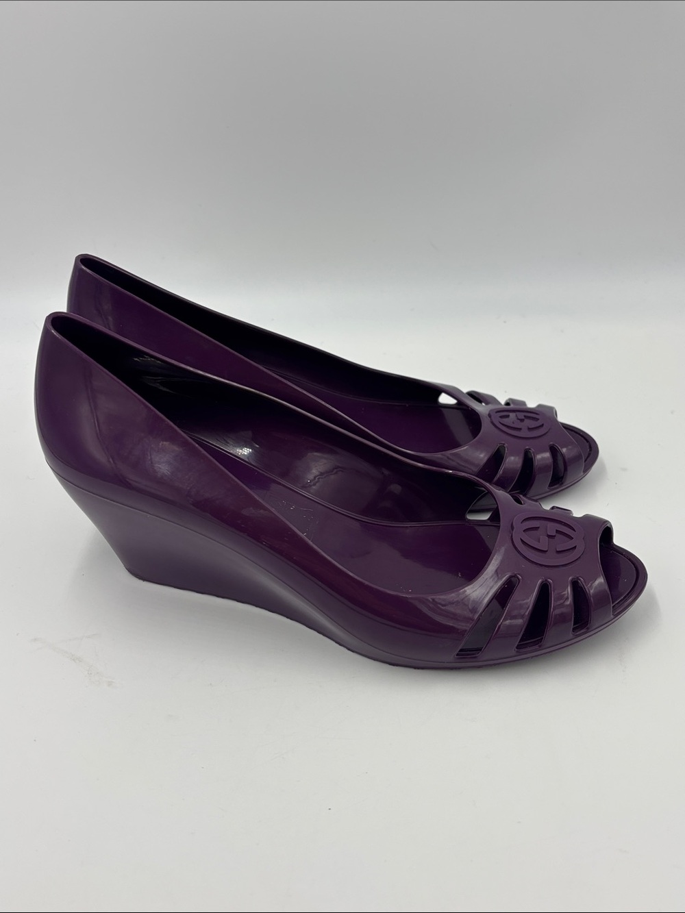 Gucci Purple Patent Peep-Toe Wedge Sandals